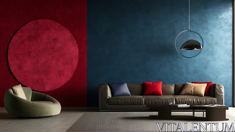 Modernist living room with geometric color-blocked walls.