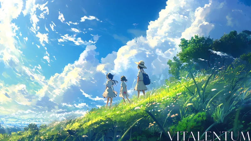 Summer hillside stroll stitches children into the sky