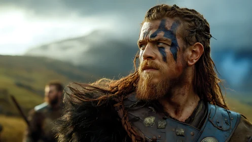 Cinematic Norse warrior portrait with tactical face paint.