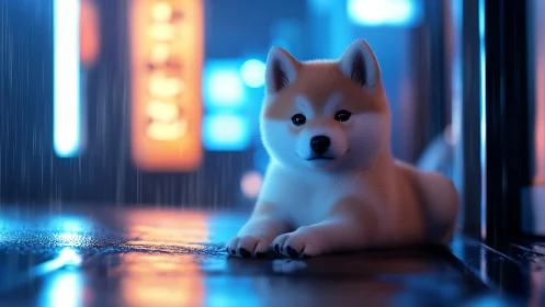 Shiba inu puppy on wet neon street at night in rain.