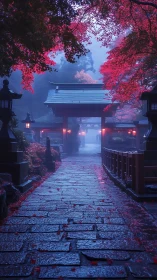 Moonlit shrine path drenched in neon-red autumn whispers.