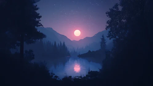 Moonlit valley lake whispers beneath a violet twilight sky.