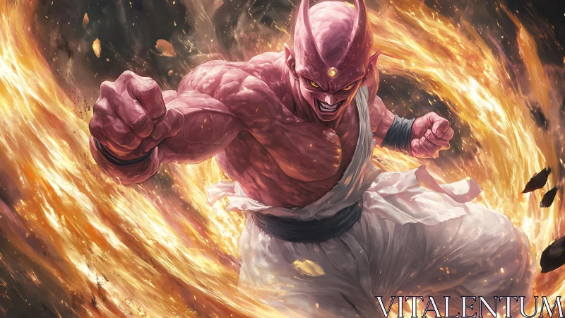 Pink alien warrior charges through swirling fire vortex