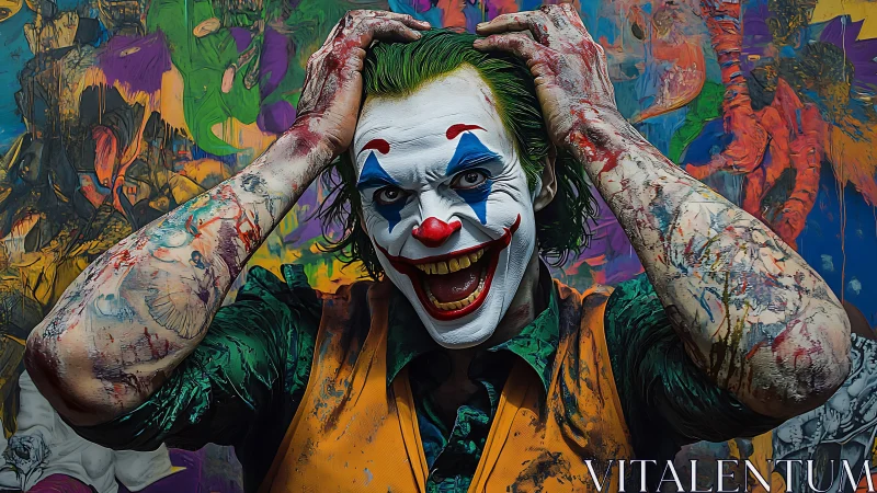 Chromatic clown psychosis amid saturated graffiti chaos.