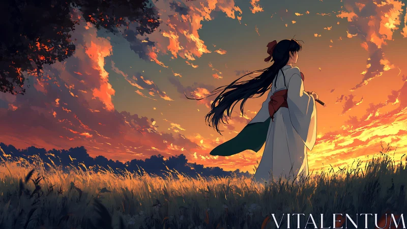 Female figure in traditional robe facing sunset sky field.