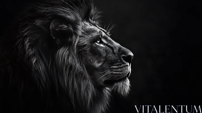 Regal lion profile glows against deep shadowed darkness.
