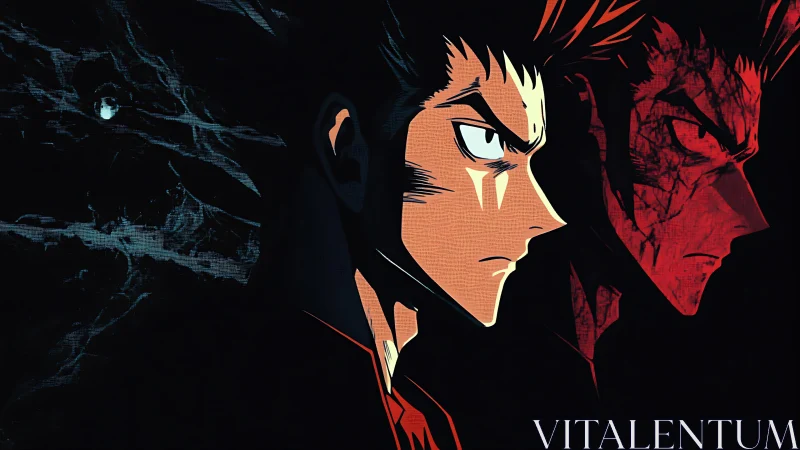 Dual anime profile portrait in blue red chiaroscuro lighting.