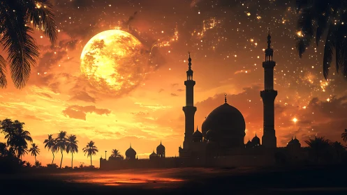 Golden moonlit mosque skyline under radiant desert sky.