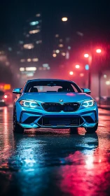 Neon-illuminated performance coupe in reflective urban rainfall.