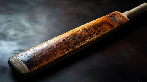 Weathered wooden cricket bat rests on dark studio surface