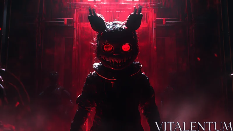 Demonic rabbit figure in red-lit sci-fi corridor horror.