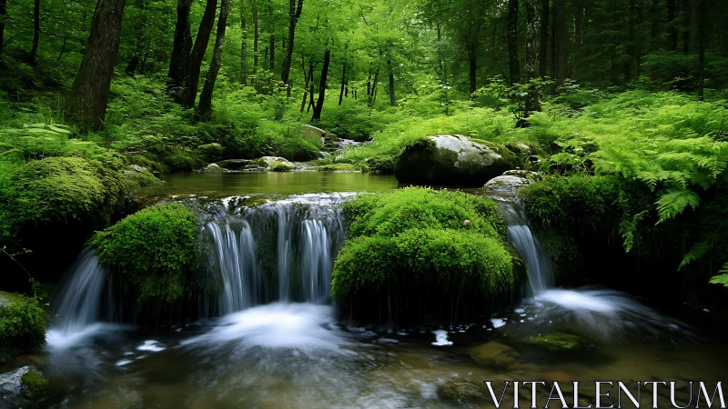 Tranquil forest stream with mossy rocks in lush green woodland.