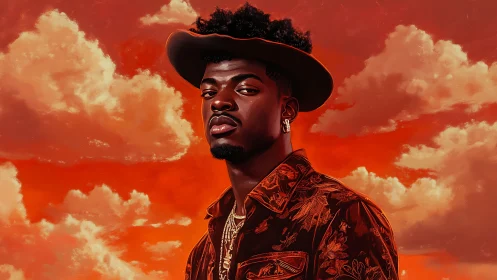 Figure in patterned shirt stands before saturated red sky