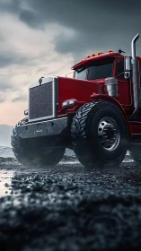 Red off-road semi truck dominates wet rugged landscape
