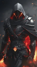 Hooded armored figure with red energy accents in flames.