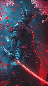 Armored samurai with red katana under cherry blossoms.