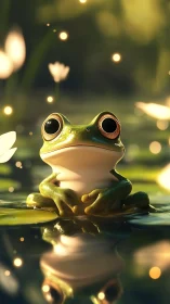 Stargazing pond frog glows among dreamy firefly lights.