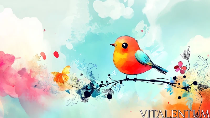 Vibrant watercolor bird on branch in whimsical spring scene.