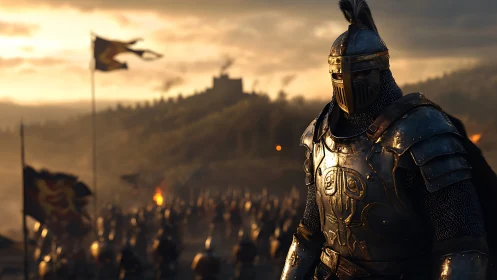 Armored knight before medieval army at sunset battlefield.