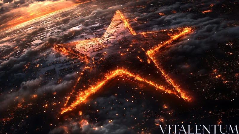 Glowing star-shaped fissure over clouded urban landscape.