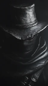 Shadowed gunslinger in tattered hat wrapped in midnight leather.