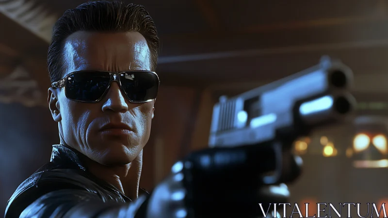 Stoic gunman in leather jacket aiming pistol toward viewer