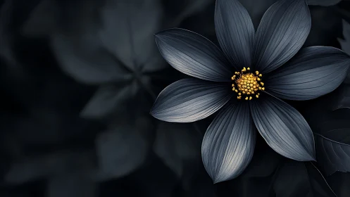 Dark bloom with golden stamens against shadowed foliage.