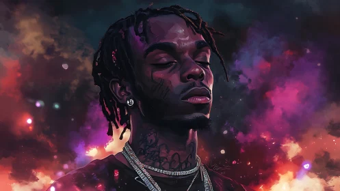 Cosmic rap daydream wrapped in neon smoke and stardust glow.