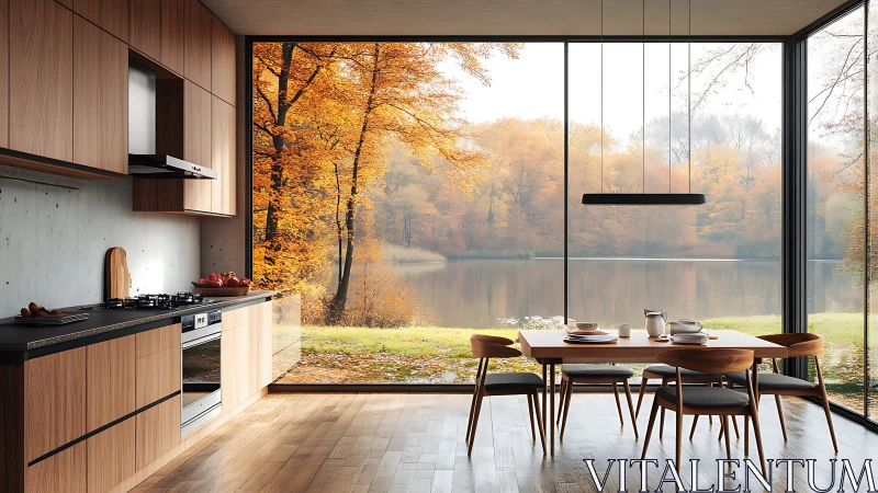 Modern wood kitchen overlooks calm autumn lakeside forest
