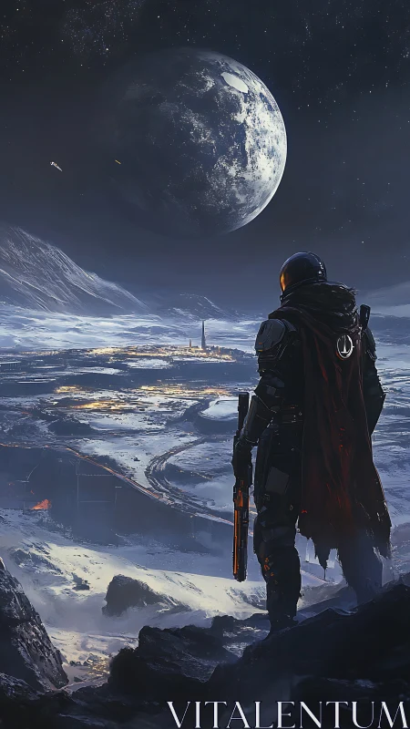 Lone space wanderer quietly surveys a frozen moon colony