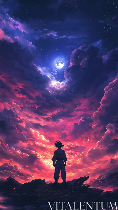 Silhouetted warrior stands under vast glowing storm sky.