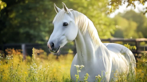 White horse stands in sunlit meadow with soft green bokeh