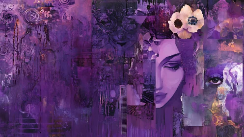 Digital painting portrait collage with violet abstract fragments.
