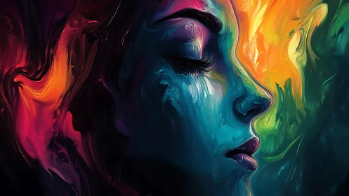 Prismatic portrait merges fluid color and silent emotion.