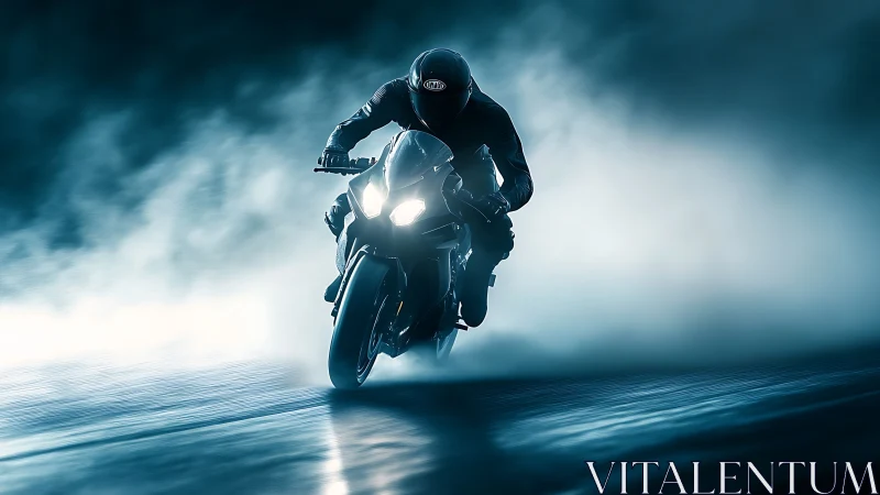 Night rider carving through misty blue city light.