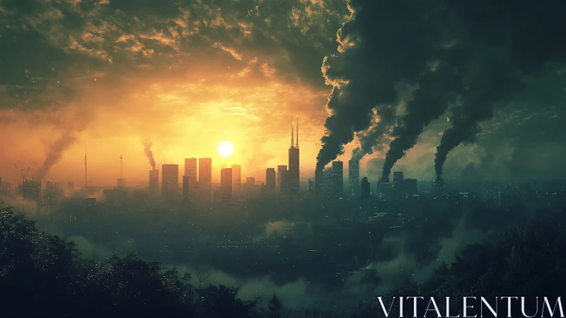 Urban skyline at sunset with dense industrial smoke plumes.