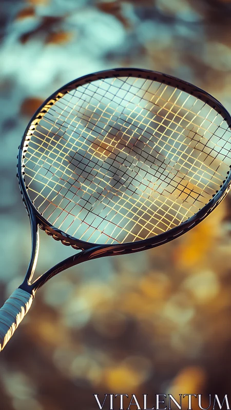 Strings catch autumn light as the tennis racket daydreams