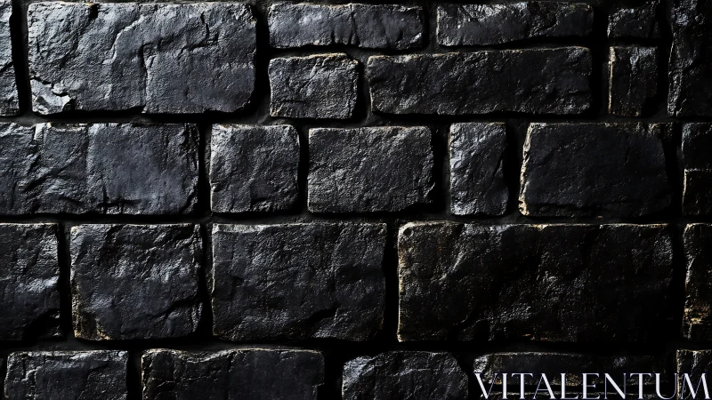 Dark textured stone brick wall with uneven glossy surface.