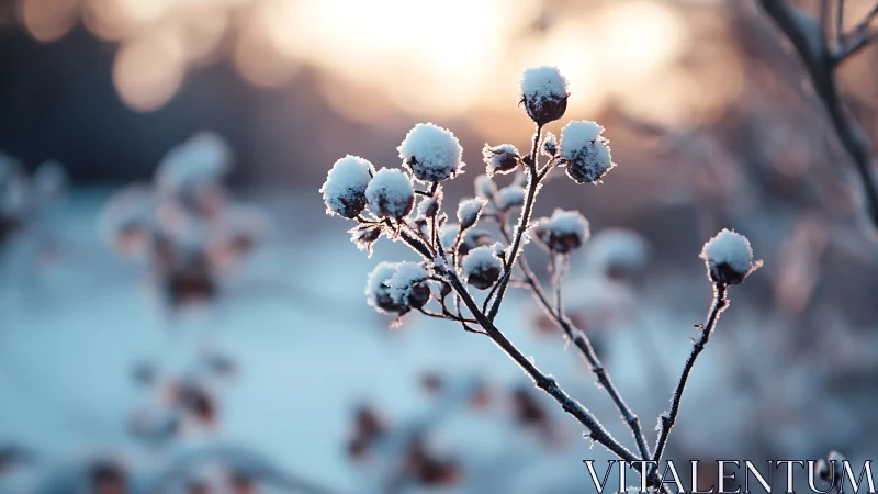 Snow-covered plant stems in soft winter backlight.