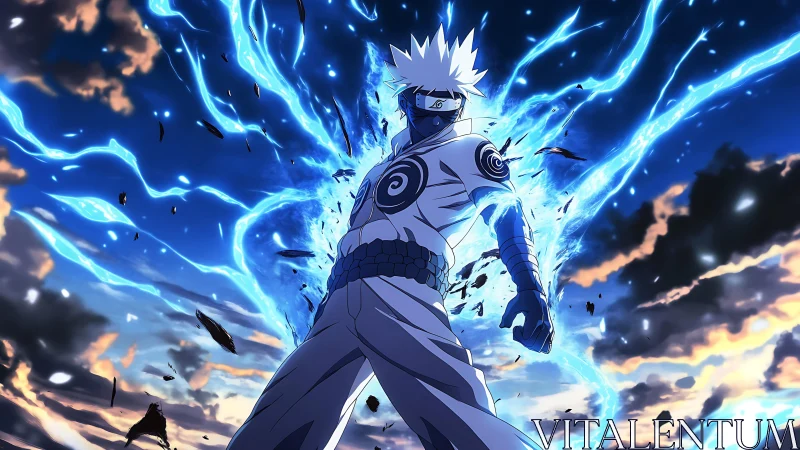 Electrified ninja warrior amid storm-lit dusk sky field