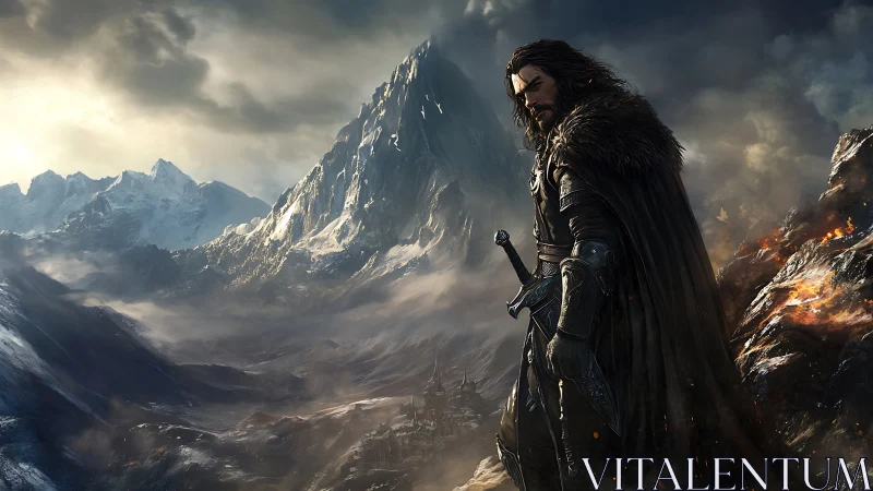 Lone mountain warrior pausing on the edge of a wild realm.