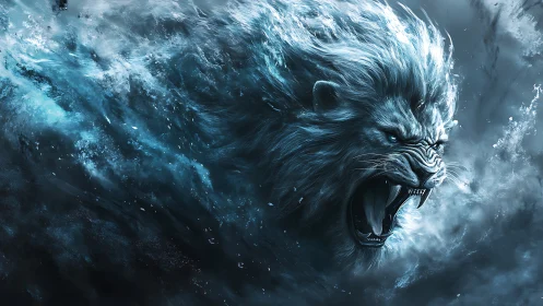 Elemental ice lion materializes from turbulent frozen surf