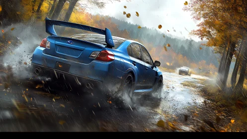 Blue rally sedan powers through wet autumn forest corner.