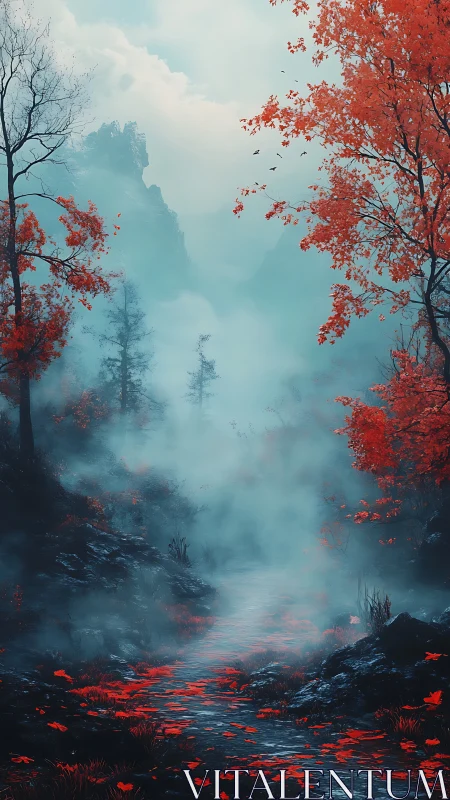 Misty ravine with cyan fog and crimson deciduous foliage at dawn