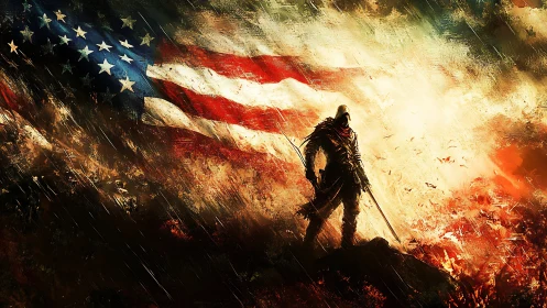 Armored warrior stands before a storm torn American flag