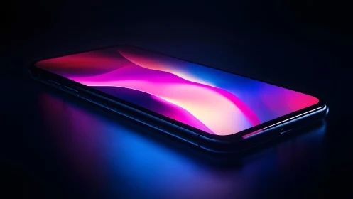 Modern smartphone glowing on dark surface in vibrant neon light.