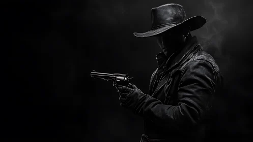 Shadowed gunslinger tuning steel in a midnight smoke halo.