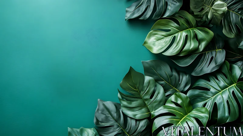 Tropical monstera foliage on teal background with negative space