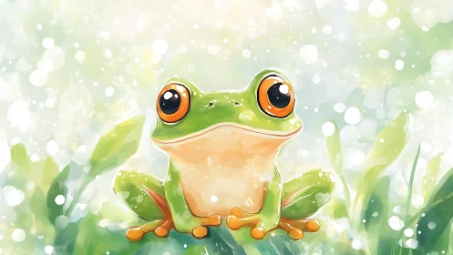 Vibrant tree frog portrait in luminous watercolor meadow.