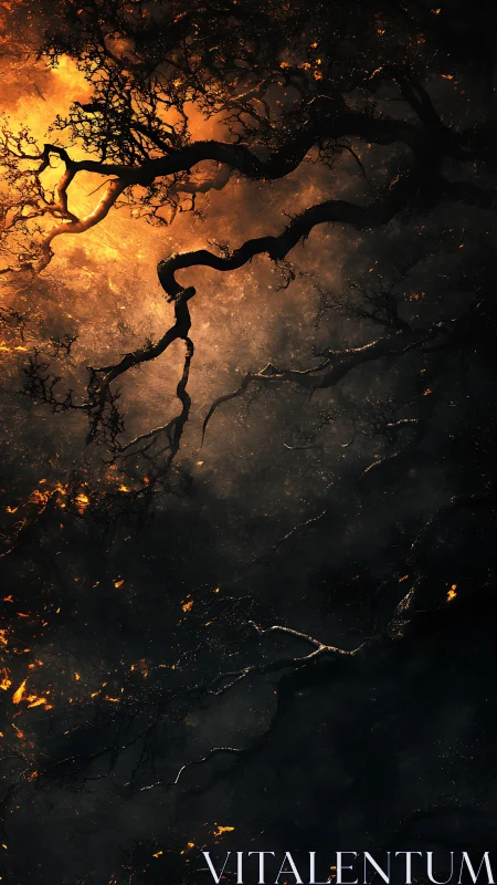 Serpentine river silhouetted against golden wildfire aftermath